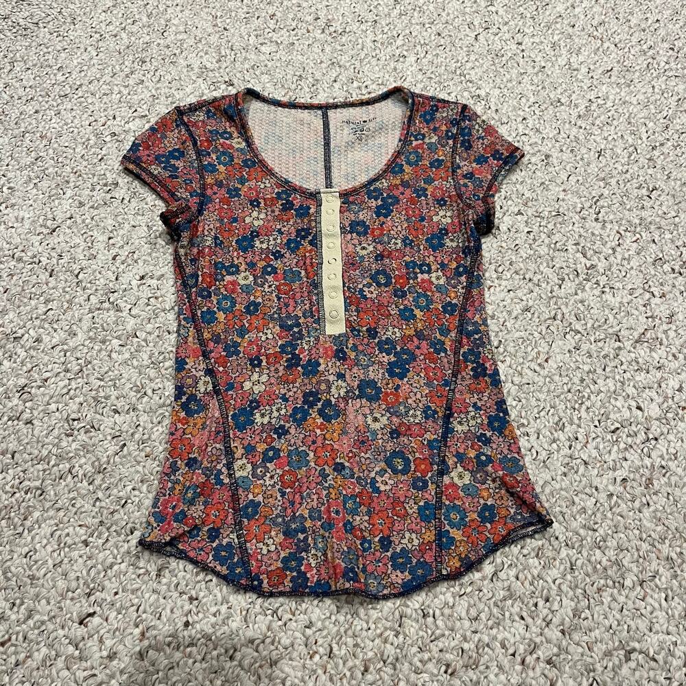 Natural Life Scoop Neck Henley Thermal Short Sleeve Tee XS Boho Casual